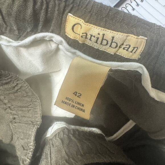 Caribbean 100% Linen Mens Olive Green Cargo Shorts Size 42X8 Drawstring Beach - Picture 5 of 5